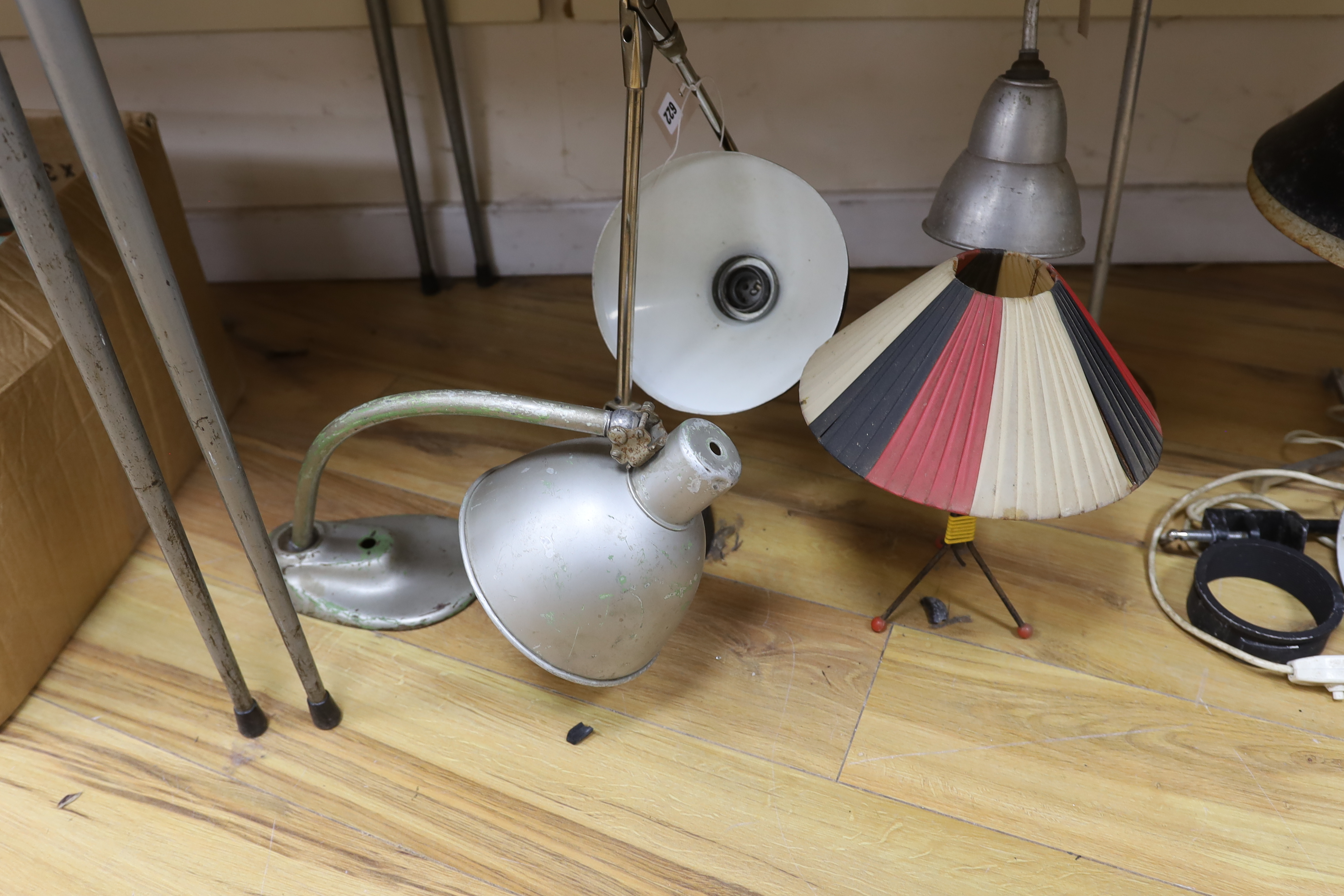 Three vintage metal industrial style desklamps, two table lamps and one other lamp